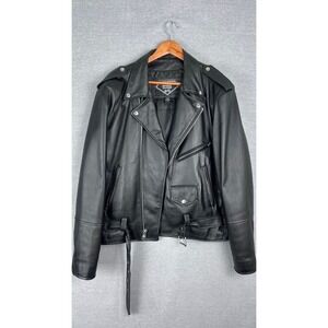 Diamond Plate Mens Black Leather Motorcycle Biker Jacket Size L Belted RN 84256